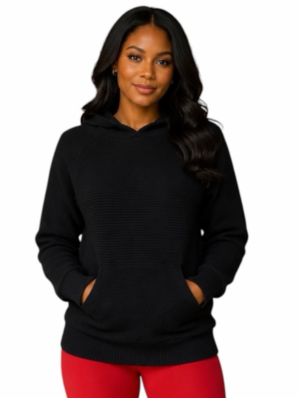 Sonoma Medium Black Ribbed Hoodie Sweater Front Kangaroo Pocket Minimalist